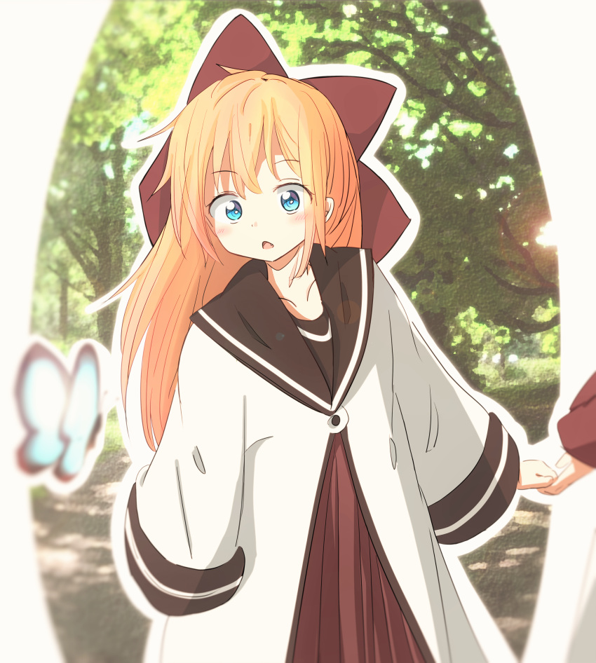 1girl absurdres blonde_hair blue_eyes blurry blush bow bug butterfly day depth_of_field eyebrows_visible_through_hair fang hair_bow hand_holding highres insect nanamori_school_uniform open_mouth outdoors oversized_clothes piyomi sleeves_past_wrists solo_focus toshinou_kyouko tree younger yuru_yuri