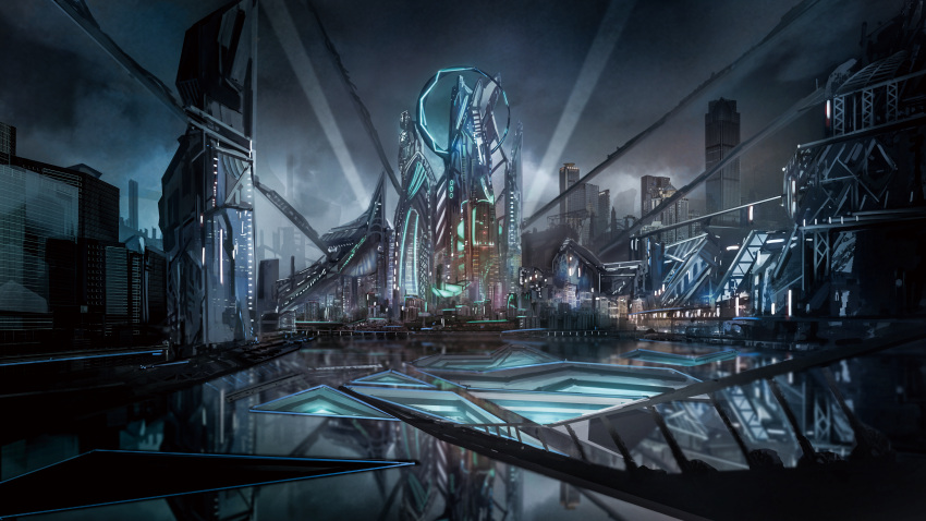 absurdres anoc building cityscape clouds cloudy_sky commentary_request cyberpunk fantasy glowing highres huge_filesize light_beam neon_lights night original reflective_floor scenery science_fiction sky spotlight