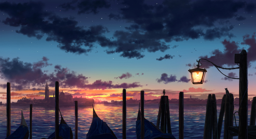 afloat animal bird boat building cat city clouds cloudy_sky commentary_request gradient_sky highres huge_filesize lake lamppost light night night_sky no_humans original outdoors pei_(sumurai) pier scenery shore sky skyline star_(sky) starry_sky sunset tower water watercraft