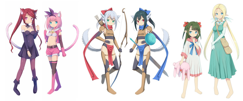 6+girls animal_ear_fluff animal_ears arrow bag bangs bare_shoulders barefoot belt_buckle between_breasts black_gloves black_legwear black_shorts blonde_hair blue_bow blue_eyes blue_gloves blush boots bow bow_(weapon) breastplate breasts brown_belt brown_footwear brown_legwear brown_sleeves buckle buckler cat_ears cat_girl cat_tail choker cleavage closed_mouth collarbone commentary_request covered_navel detached_sleeves dress elbow_gloves elf eyebrows_visible_through_hair fingerless_gloves forehead gloves green_dress green_eyes green_hair hair_between_eyes hair_bow hair_ribbon hair_strand hairband hand_up head_tilt high_ponytail highres holding holding_bow_(weapon) holding_stuffed_animal holding_weapon hood hooded_jacket jacket kimagure_blue knee_boots long_hair long_sleeves low_twintails medium_breasts midriff multiple_girls navel open_clothes open_jacket original pantyhose parted_bangs pauldrons pink_choker pink_eyes pink_footwear pink_gloves pink_hair pink_jacket pink_shorts pleated_dress pointy_ears ponytail purple_dress purple_footwear purple_hairband purple_ribbon purple_sleeves quiver red_bow red_eyes red_ribbon redhead ribbon shield short_shorts shorts shoulder_bag sidelocks silver_hair simple_background sleeveless_jacket small_breasts smile standing standing_on_one_leg strap_cleavage strapless strapless_dress stuffed_animal stuffed_bunny stuffed_toy sword tail tail_raised thighhighs_under_boots twintails very_long_hair weapon white_background white_dress wide_sleeves