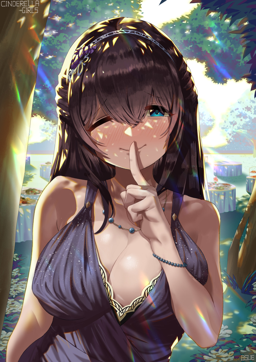 1girl absurdres bangs bare_shoulders black_hair blue_dress blue_eyes blush breasts bsue cleavage closed_mouth collarbone diadem dress hair_between_eyes highres idolmaster idolmaster_cinderella_girls idolmaster_cinderella_girls_starlight_stage index_finger_raised jewelry large_breasts light_rays long_hair looking_at_viewer necklace outdoors sagisawa_fumika shade smile solo sunlight tree