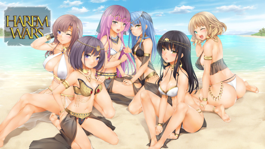 6+girls anklet armlet ass barefoot beach breasts cleavage earrings hair_ornament harem_outfit harem_wars_(game) jewelry kopianget large_breasts lingerie medium_breasts multiple_girls ocean one_eye_closed sand small_breasts underwear