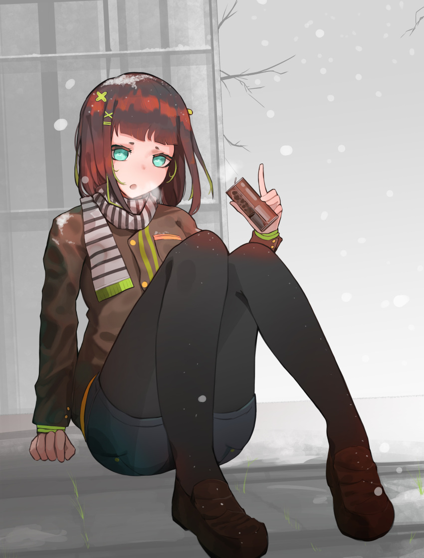 1girl absurdres black_legwear blue_eyes brown_hair can canned_coffee highres looking_at_viewer mmmmmkun original pantyhose scarf sitting snow solo