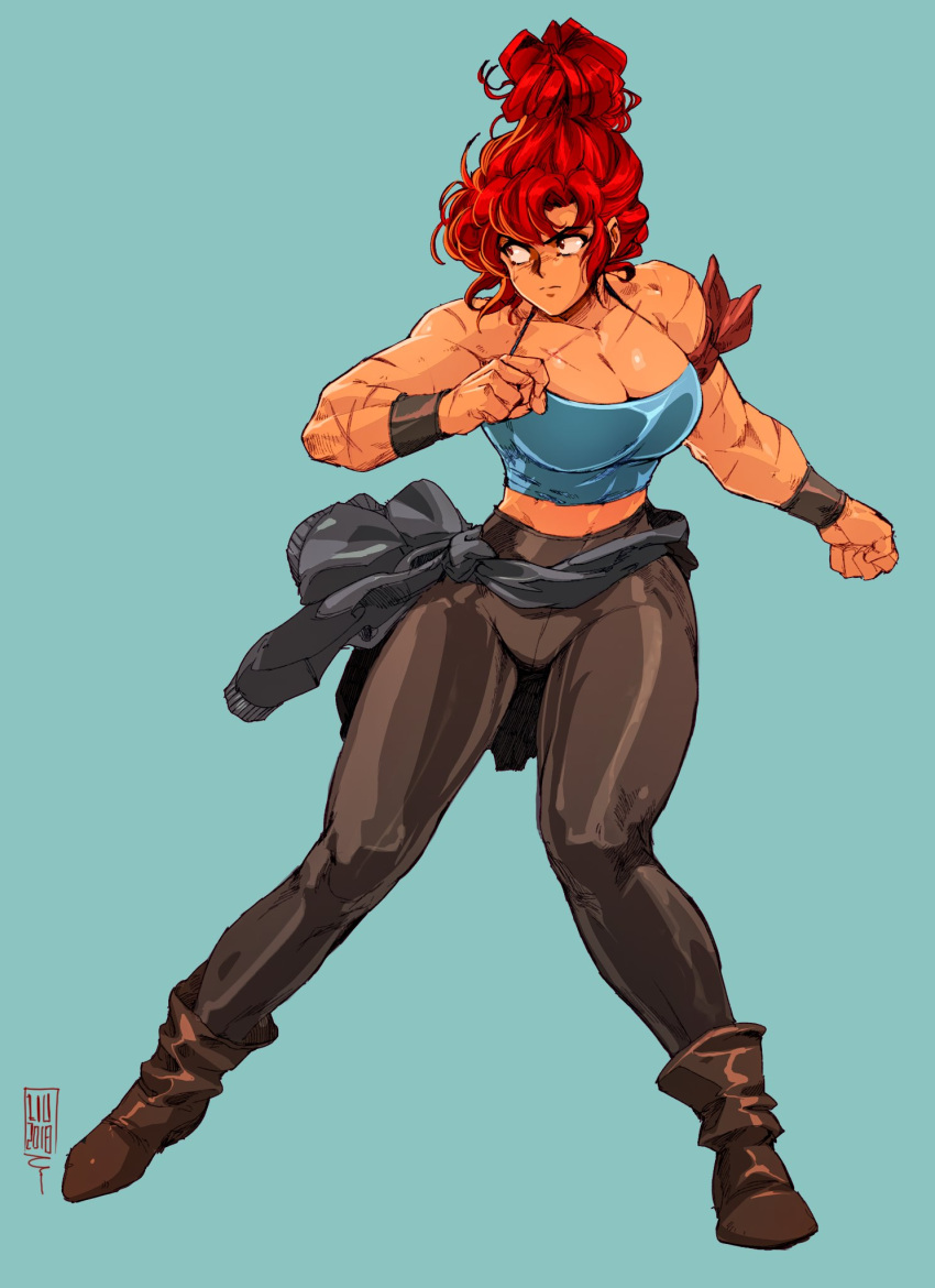 1girl 90s alternate_hairstyle ankle_boots aqua_background armband boots breasts cleavage clenched_hands clothes_around_waist colorized commentary dark_skin david_liu english_commentary full_body highres large_breasts long_hair maria_(space_maria) medium_breasts midriff muscle muscular_female pants red_eyes scar solo space_maria spaghetti_strap sweater_around_waist updo