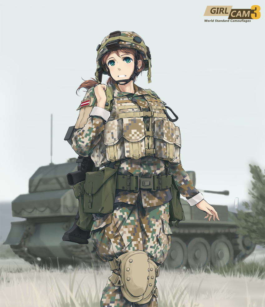 1girl assault_rifle belt blurry brown_hair camouflage carabiner caterpillar_tracks chin_strap copyright_name depth_of_field g36 grass green_eyes grin ground_vehicle gun happy heckler_&amp;_koch helmet highres knee_pads latvia latvian_flag load_bearing_vest long_hair looking_to_the_side m109_howitzer military military_uniform military_vehicle motor_vehicle original outdoors ponytail pouch rifle self-propelled_gun sky smile soldier solo tank tantu_(tc1995) tree uniform walking weapon