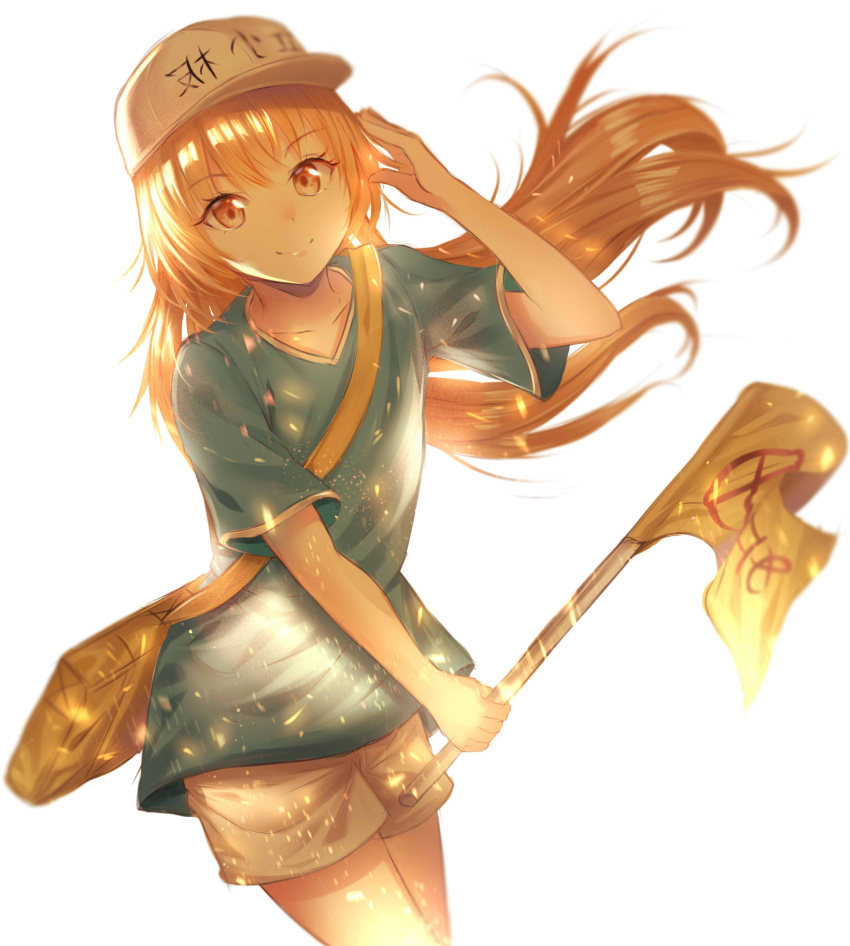 1girl absurdres blonde_hair blue_shirt brown_eyes character_name collarbone eyebrows_visible_through_hair fhilippedu flag floating_hair hat hataraku_saibou highres holding holding_flag long_hair looking_at_viewer platelet_(hataraku_saibou) shiny shiny_hair shirt short_shorts short_sleeves shorts simple_background smile solo standing very_long_hair white_background white_hat white_shorts