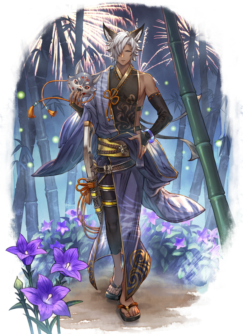 1boy absurdres bamboo bamboo_forest black_pants black_sleeves blue_kimono bracelet bridal_gauntlets brown_eyes dark_skin detached_sleeves eustace-flamek eustace_(granblue_fantasy) fireworks flower forest fou_(fate/grand_order) fox_mask full_body granblue_fantasy hair_over_one_eye hand_on_hip highres holding holding_mask huge_filesize japanese_clothes jewelry kimono looking_at_viewer male_focus mask mask_removed nature orange_ribbon outdoors pants purple_flower ribbon ribbon-trimmed_sleeves ribbon_trim silver_hair solo standing white_background