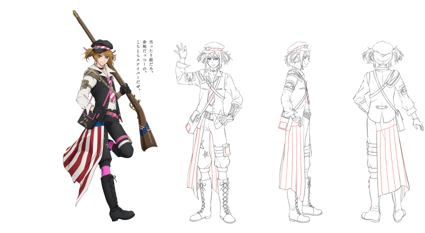 american_flag antique_firearm arm_up armor asymmetrical_clothes bangs belt black_gloves blonde_hair boots capri_pants character_sheet choker cross-laced_footwear firearm from_behind gauntlets gloves gun hair_ornament hat highres holding holding_gun holding_weapon kentucky_(senjuushi) lace-up_boots leg_up majiro_(mazurka) male_focus military military_hat military_uniform multiple_views necktie official_art pants pink_eyes rifle senjuushi:_the_thousand_noble_musketeers short_twintails shoulder_pads single_gauntlet smile standing standing_on_one_leg star striped_neckwear translation_request twintails uniform weapon