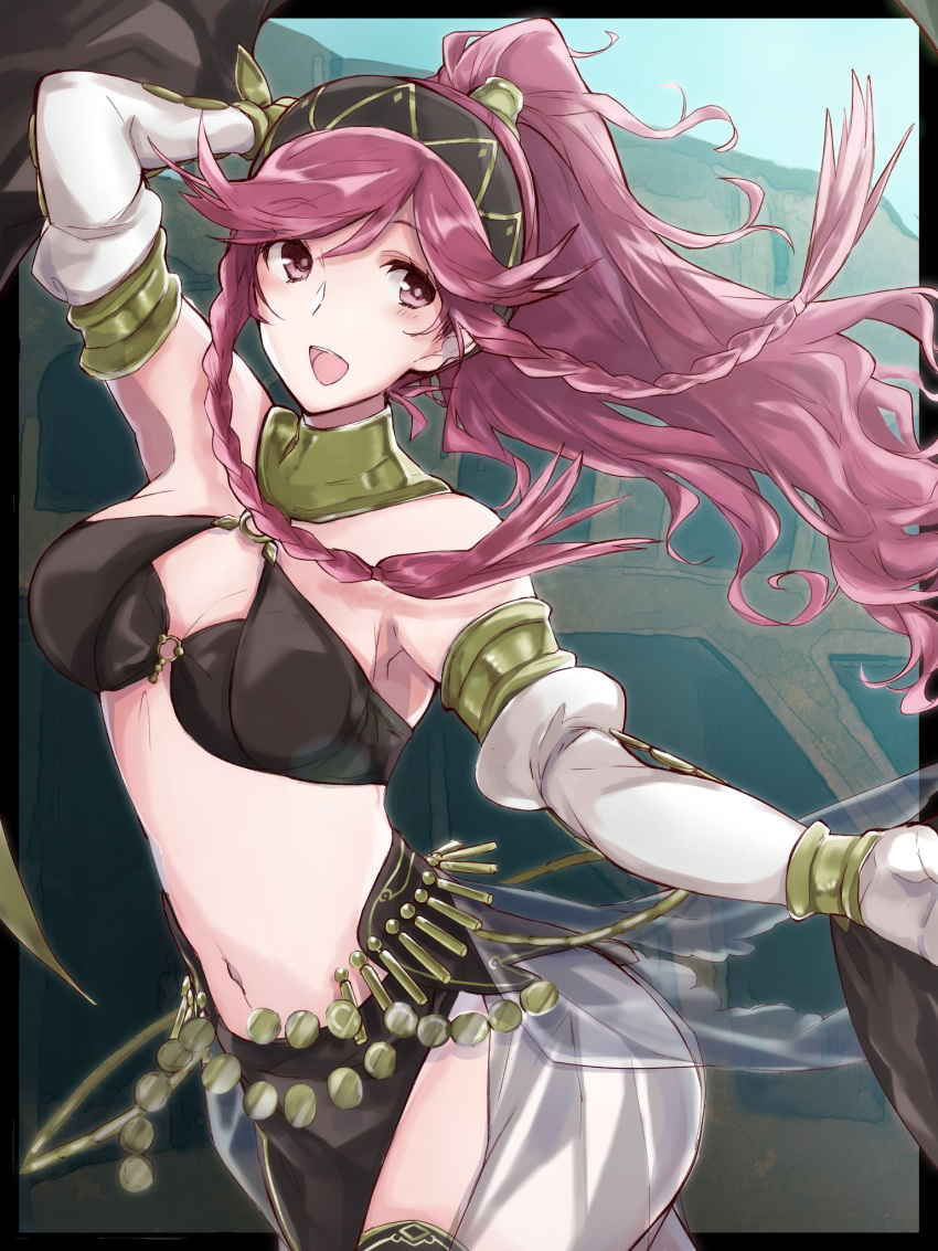1girl aiueo1234853 bare_shoulders braid breasts cleavage fire_emblem fire_emblem:_kakusei fire_emblem_heroes hairband highres long_hair medium_breasts navel nintendo olivia_(fire_emblem) open_mouth pink_eyes pink_hair ponytail smile solo twin_braids