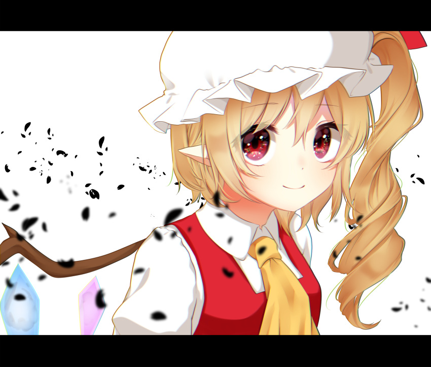 1girl ascot bangs blonde_hair breasts commentary_request crystal eyebrows_visible_through_hair flandre_scarlet hair_between_eyes hat hat_ribbon highres letterboxed long_hair looking_at_viewer medium_breasts mob_cap one_side_up pointy_ears puffy_short_sleeves puffy_sleeves red_eyes red_ribbon red_vest ribbon shiki_(s1k1xxx) shirt short_sleeves simple_background smile solo touhou upper_body vest white_background white_hat white_shirt wings yellow_neckwear