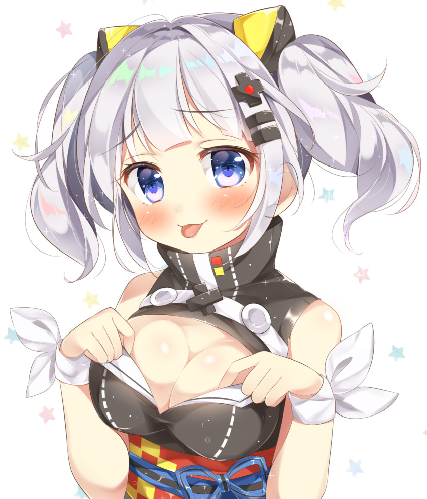 1girl :p bangs black_dress blue_eyes blush breasts cleavage cleavage_cutout d-pad d-pad_hair_ornament dress gau_(n00_shi) hair_ornament hairclip high_collar highres kaguya_luna kaguya_luna_(character) large_breasts long_hair looking_at_viewer obi ribbon sash silver_hair sleeveless sleeveless_dress solo tongue tongue_out twintails virtual_youtuber white_ribbon wrist_ribbon x_hair_ornament