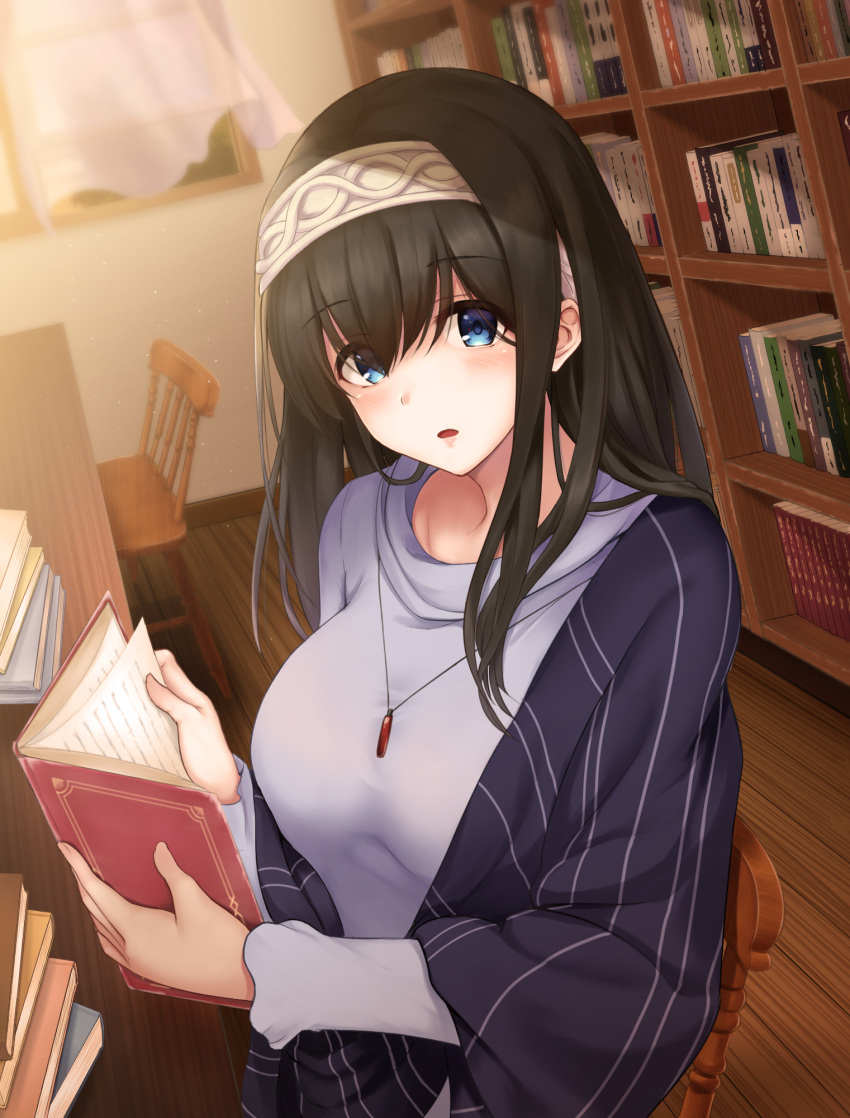 1girl bangs black_hair blue_eyes blue_sweater blush book bookshelf breasts chair curtains eyebrows_visible_through_hair hair_between_eyes hairband highres holding holding_book idolmaster idolmaster_cinderella_girls indoors jewelry large_breasts long_hair looking_at_viewer necklace open_book parted_lips pendant sagisawa_fumika satosi shawl sitting solo sweater window