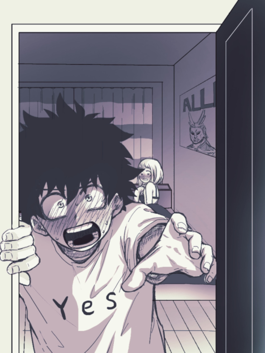 1boy 1girl all_might bed blush boku_no_hero_academia bra full-face_blush highres horoyoi_(kkcp4442) looking_at_viewer midoriya_izuku monochrome open_door poster short_hair sweatdrop underwear uraraka_ochako wide-eyed