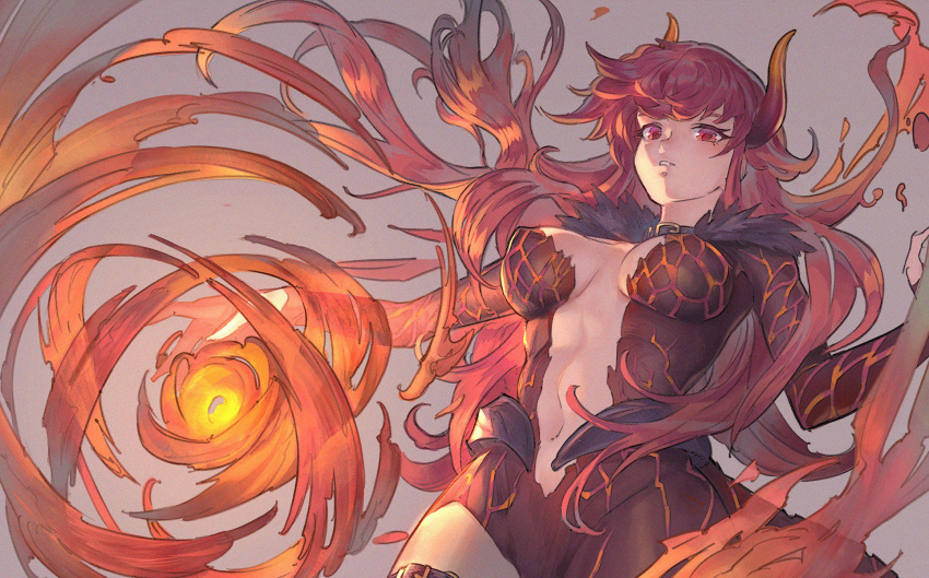 1girl abs bangs breasts collar covered_nipples cowboy_shot doora_(nijisanji) dragon_girl feathers fire from_below gigapuri grey_background highres horns large_breasts long_hair looking_at_viewer navel nijisanji parted_lips red_eyes redhead solo virtual_youtuber