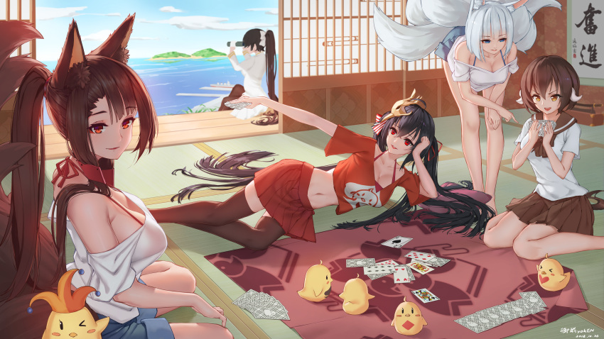 5girls absurdres akagi_(azur_lane) alternate_costume alternate_hairstyle animal_ears architecture artist_name azur_lane binoculars black_hair blue_eyes blue_sky breasts brown_hair card chinese_commentary cleavage clouds commentary_request denim denim_shorts dock east_asian_architecture eyebrows_visible_through_hair fox_ears fox_tail hair_ribbon hanging_scroll highres horns island kaga_(azur_lane) large_breasts lying mask mask_on_head mikasa_(azur_lane) multiple_girls multiple_tails navel ocean omae_yoken on_side playing_card pleated_skirt ponytail red_eyes ribbon scroll shirt short_shorts shorts sitting skirt sky sliding_doors t-shirt taihou_(azur_lane) tail takao_(azur_lane) tatami twintails wariza white_hair white_shirt yellow_eyes