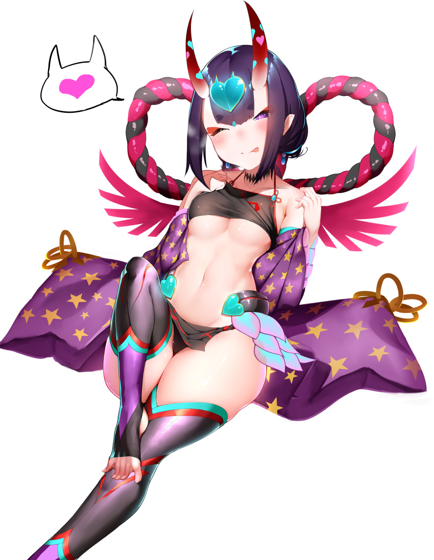 1girl ;p absurdres blush boruhis breasts fate/grand_order fate_(series) heart highres horns looking_at_viewer medium_breasts midriff navel one_eye_closed oni oni_horns purple_hair short_hair shuten_douji_(fate/grand_order) simple_background solo spoken_heart star star_print thigh-highs tongue tongue_out under_boob violet_eyes white_background