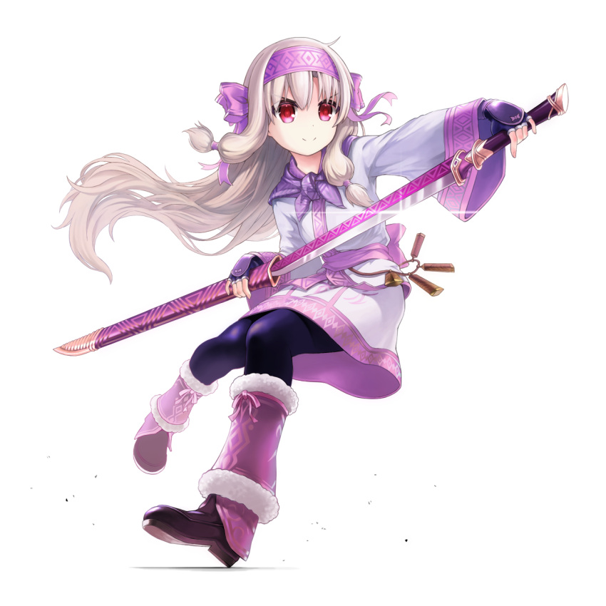 &gt;:) 1girl ainu_clothes blue_legwear blush boots brown_footwear brown_hair closed_mouth commentary_request fate/grand_order fate_(series) fingerless_gloves floating_hair full_body fur_trim gloves hairband highres holding holding_sword holding_weapon illyasviel_von_einzbern leg_warmers long_hair long_sleeves looking_away looking_to_the_side pantyhose pink_hairband purple_gloves red_eyes shadow sheath sitonai smile solo sword unsheathing v-shaped_eyebrows very_long_hair weapon white_background wide_sleeves yoka1chi