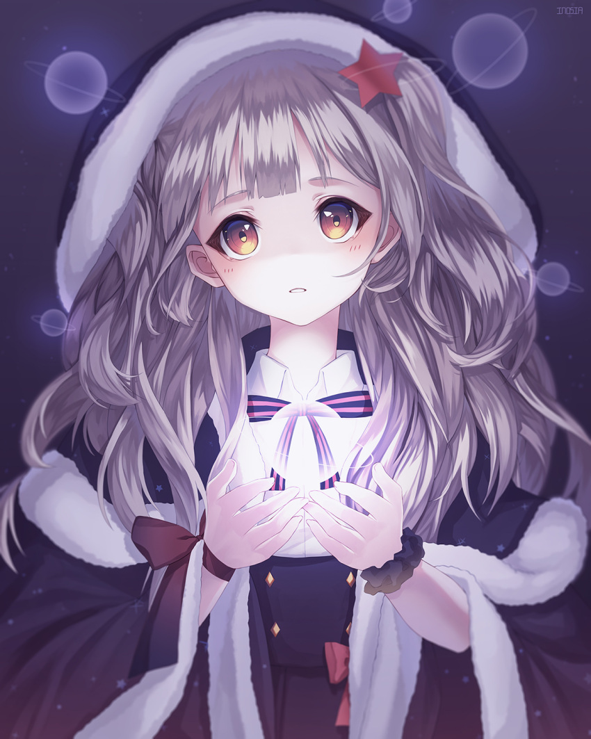 1girl artist_name bangs blush coat dark_background fur-trimmed_coat fur_trim glowing grey_hair hair_ornament head_tilt highres hooded_coat inosia long_hair neck_ribbon original parted_lips red_eyes ribbon saturn scrunchie solo star star_hair_ornament star_print striped striped_neckwear striped_ribbon symbol_commentary upper_body wing_collar wrist_scrunchie wristband