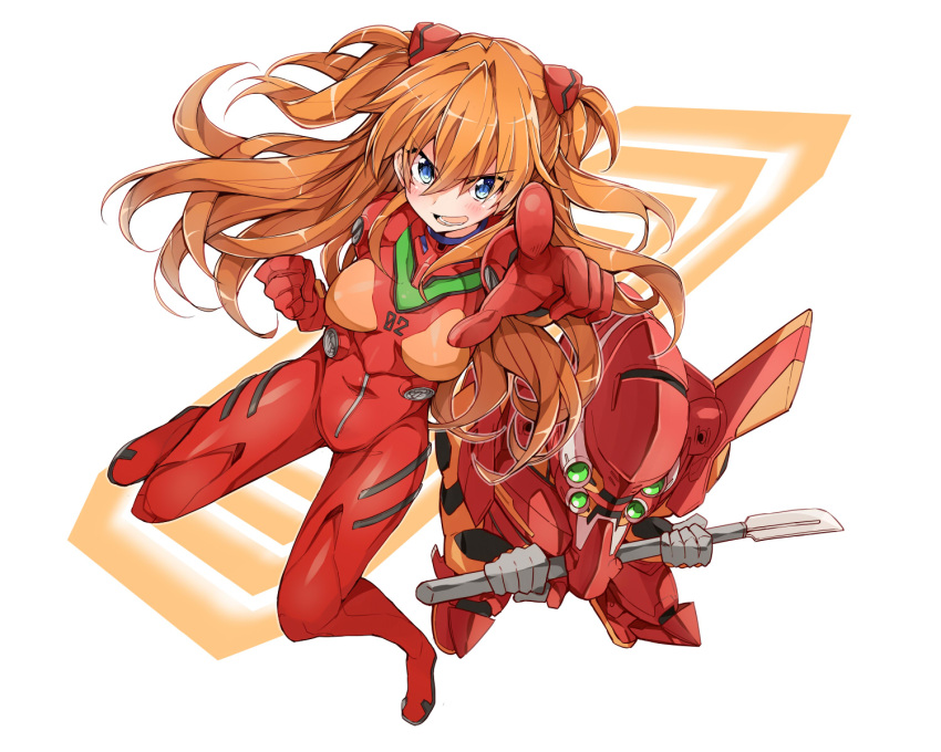 1girl bibi blue_eyes blush clenched_hand eva_02 eyebrows_visible_through_hair full_body highres long_hair looking_at_viewer neon_genesis_evangelion open_mouth orange_hair plugsuit smile solo souryuu_asuka_langley