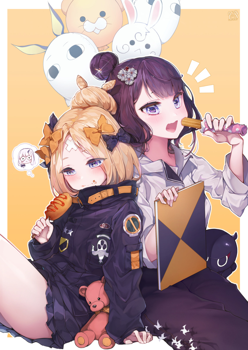 2girls abigail_williams_(fate/grand_order) absurdres alternate_costume bags_under_eyes bandaid_on_forehead bangs black_bow black_jacket blonde_hair bow casual churro contemporary corndog crossed_bandaids fate/grand_order fate_(series) food forehead fou_(fate/grand_order) hair_bun heroic_spirit_traveling_outfit highres horn jacket kanola_u katsushika_hokusai_(fate/grand_order) lavinia_whateley_(fate/grand_order) long_hair looking_at_viewer medjed multiple_girls octopus open_mouth orange_bow pale_skin parted_bangs polka_dot polka_dot_bow stuffed_animal stuffed_toy teddy_bear