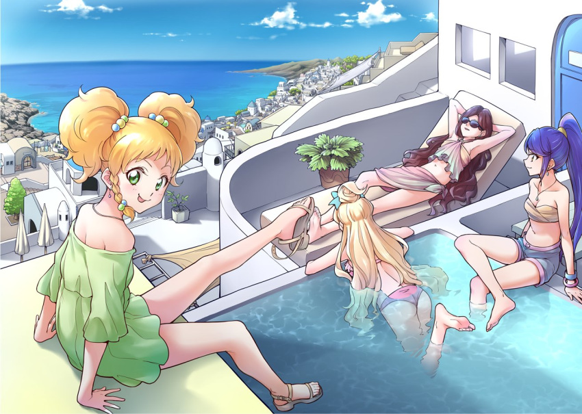 4girls :p aikatsu!_(series) aikatsu_stars! armpits ass bikini bikini_shorts blonde_hair blue_hair blush bow bracelet braid breasts brown_hair city cityscape clouds cloudy_sky day earrings greece green_eyes hair_bobbles hair_bow hair_ornament jewelry kasumi_yozora kisaragi_tsubasa long_hair looking_at_viewer looking_away lying multicolored_hair multiple_girls necklace nikaidou_yuzu ocean ogry_ching on_back partially_submerged plant ponytail pool potted_plant purple_hair sandals santorini_(greece) scenery shiratori_hime shorts side_braid single_braid sitting sky smile strapless strapless_bikini summer sunbathing sunglasses swimsuit tongue tongue_out topknot twintails very_long_hair water wavy_hair yellow_eyes