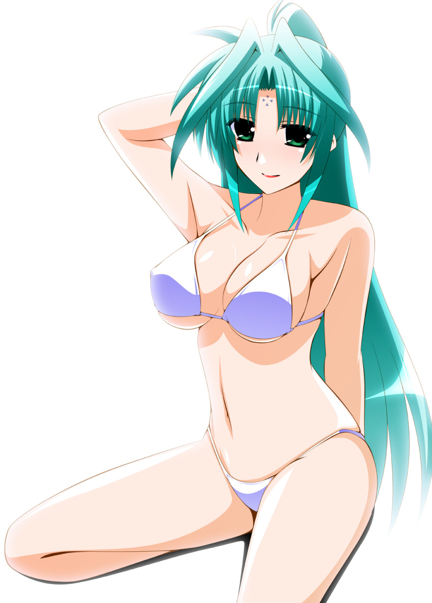 1girl bikini breasts engo_(aquawatery) facial_mark feet_out_of_frame forehead_mark green_eyes green_hair highres large_breasts lindy_harlaown long_hair looking_at_viewer lyrical_nanoha mahou_shoujo_lyrical_nanoha mahou_shoujo_lyrical_nanoha_a's mahou_shoujo_lyrical_nanoha_strikers ponytail simple_background sitting solo swimsuit white_background white_bikini