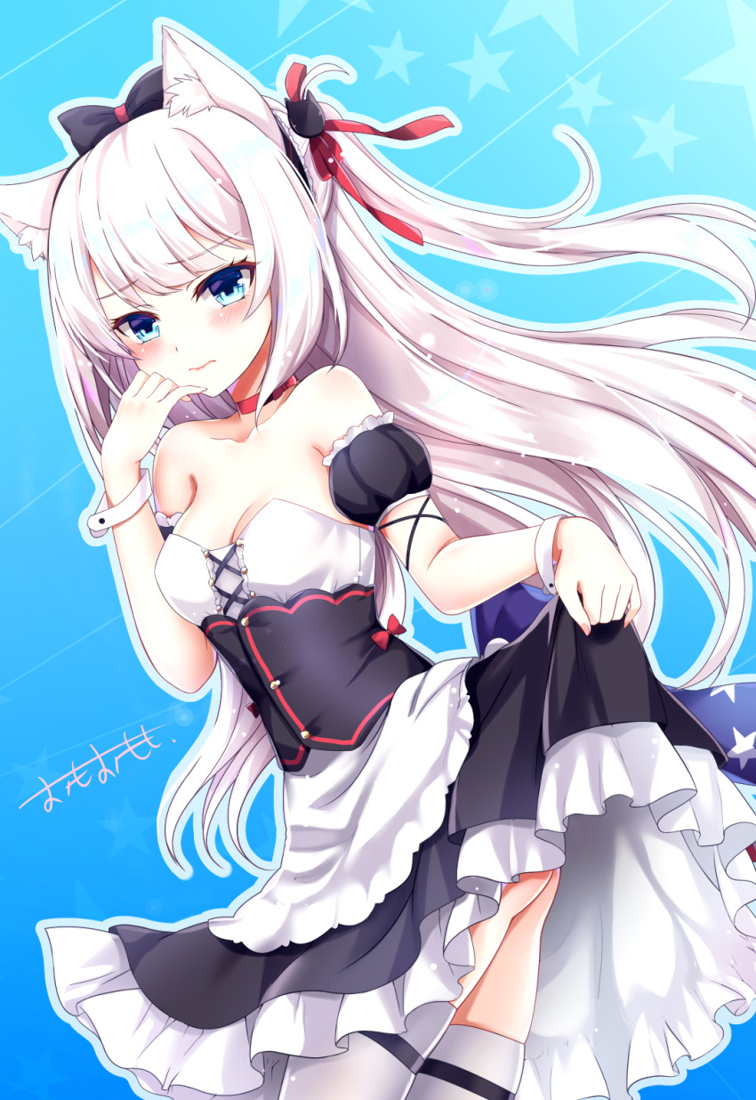 1girl animal_ear_fluff animal_ears apron ass azur_lane bangs bare_shoulders black_bow black_dress blue_eyes blush bow breasts cat_ears cat_hair_ornament choker cleavage closed_mouth collarbone commentary_request detached_sleeves dress dutch_angle eyebrows_visible_through_hair hair_bow hair_ornament hair_ribbon hammann_(azur_lane) highres long_hair looking_at_viewer medium_breasts omoomomo one_side_up puffy_short_sleeves puffy_sleeves red_bow red_choker red_ribbon ribbon short_sleeves silver_hair skirt_hold solo star strapless strapless_dress thigh-highs twisted_torso very_long_hair waist_apron white_apron white_legwear wrist_cuffs