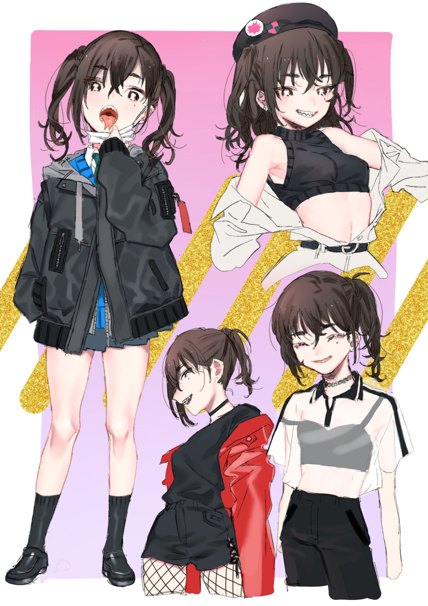 1girl :d :o =_= armpits bangs bare_shoulders belt beret black_bra black_choker black_footwear black_hat black_jacket black_legwear black_shirt black_shorts black_sweater bra brown_eyes brown_hair choker collared_shirt crop_top drawstring eyebrows_visible_through_hair fishnet_pantyhose fishnets grey_skirt grin hair_between_eyes hat head_tilt highres idolmaster idolmaster_cinderella_girls jacket long_hair long_sleeves looking_at_viewer mask_pull midriff miniskirt mole mole_under_eye necktie off_shoulder open_clothes open_jacket open_mouth pantyhose profile red_jacket see-through sharp_teeth shirt shoes short_sleeves shorts sidelocks sketch skirt sleeveless sleeves_past_wrists smile socks solo strap_slip sunazuka_akira surgical_mask sweater teeth twintails two_side_up underwear white_jacket white_shirt yagita_(astronomie)