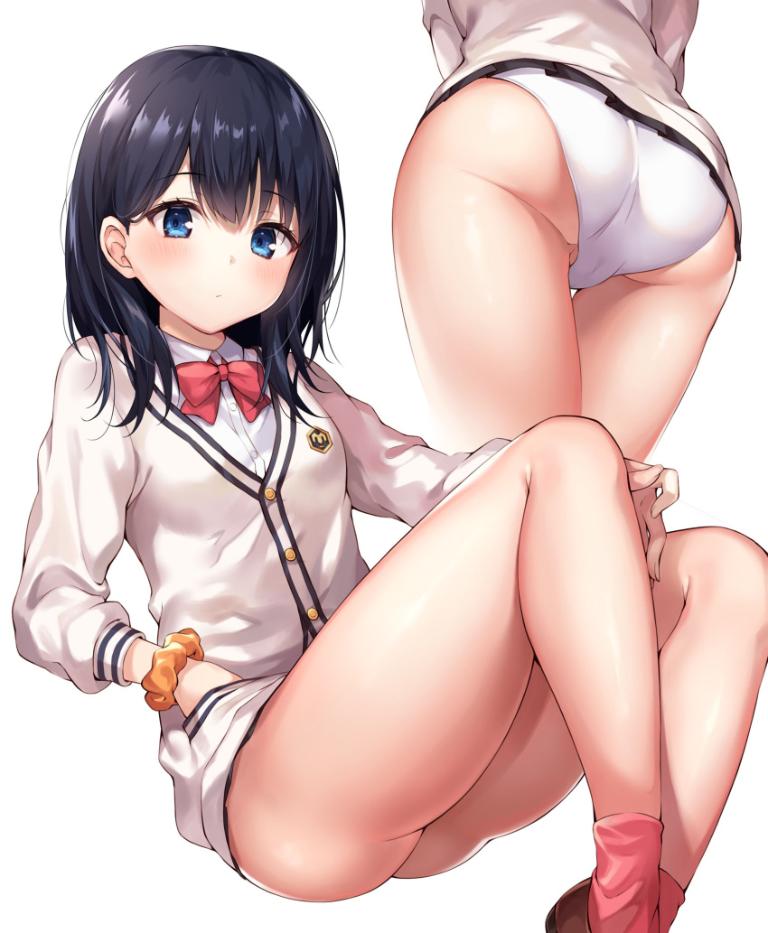 1girl absurdres ale_nqki ass bangs black_hair black_skirt blue_eyes blush bow bowtie breasts buttons closed_mouth hand_in_pocket highres hips knees_up legs long_hair long_sleeves looking_at_viewer medium_breasts miniskirt multiple_views panties pleated_skirt red_bow red_legwear red_neckwear school_uniform scrunchie simple_background sitting skirt socks solo ssss.gridman sweater swept_bangs takarada_rikka thighs underwear white_background white_panties white_sweater wrist_scrunchie