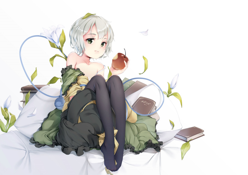 1girl an-telin bare_shoulders black_legwear book bra collarbone eating flower food frilled_skirt frilled_sleeves frills fruit full_body green_eyes green_hair green_skirt hair_between_eyes hat hat_removed hat_ribbon headwear_removed highres holding holding_fruit knees_up komeiji_koishi leaf leaf_on_head legs looking_at_viewer off_shoulder pantyhose pout ribbon shirt short_hair sitting skirt solo strap_slip third_eye touhou underwear white_bra yellow_ribbon yellow_shirt