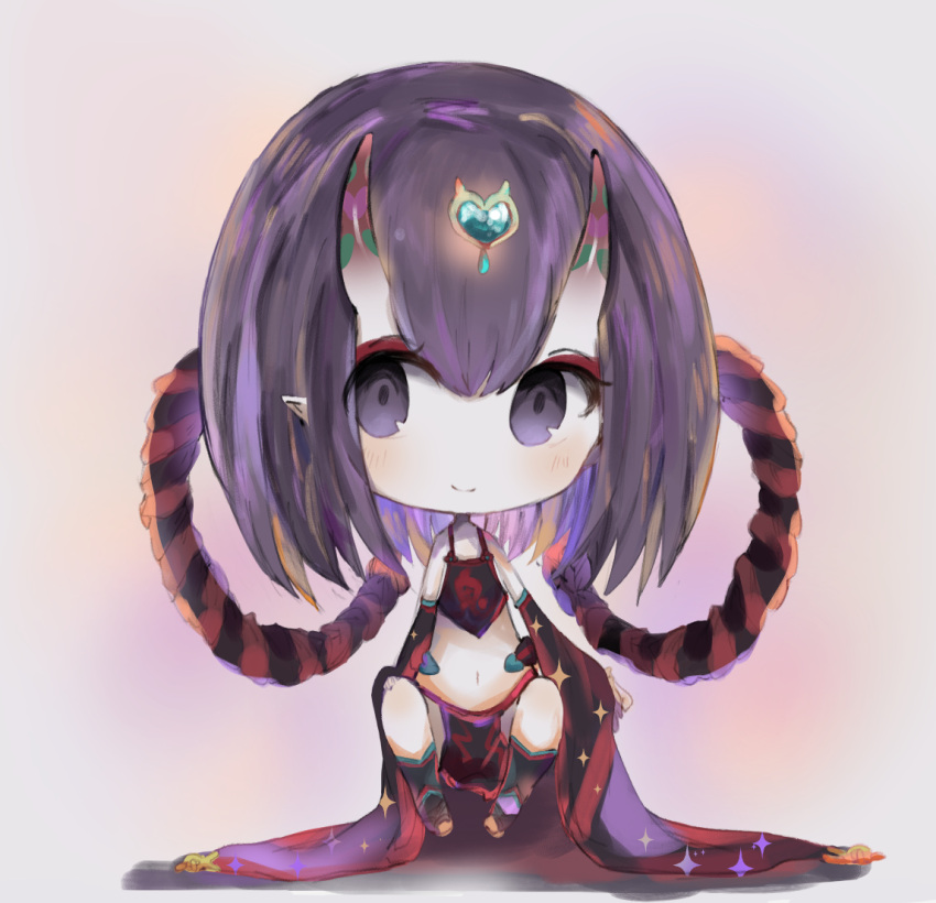 1girl bangs bare_shoulders black_legwear blush brown_background chibi closed_mouth cottontailtokki detached_sleeves fate/grand_order fate_(series) full_body hair_between_eyes headpiece heart horns long_hair long_sleeves looking_at_viewer navel oni oni_horns pointy_ears purple_hair shuten_douji_(fate/grand_order) shuten_douji_(halloween)_(fate) smile solo sparkle thigh-highs violet_eyes wide_sleeves