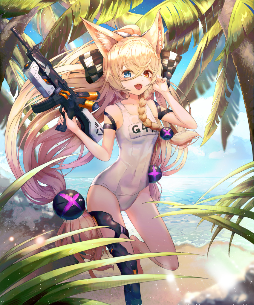 1girl absurdres animal_ears arm_strap assault_rifle bangs between_legs black_bow black_gloves blonde_hair blue_eyes blue_sky blush bow braid breasts checkered checkered_bow clouds collarbone covered_navel cowboy_shot day eyebrows_visible_through_hair fang from_side g41_(girls_frontline) girls_frontline gloves gluteal_fold gun h&amp;k_g41 hair_between_eyes hair_bobbles hair_bow hair_ornament hair_ribbon hand_between_legs heterochromia highres holding holding_gun holding_weapon ita_(itta) leaf leg_up light_rays long_hair looking_at_viewer low-tied_long_hair low_twintails name_tag neon_trim old_school_swimsuit one-piece_swimsuit open_mouth outdoors palm_tree purple_ribbon red_eyes ribbon rifle school_swimsuit shade side_braid signature single_braid sky small_breasts solo standing sunbeam sunlight swimsuit thigh_strap thighs tree twintails very_long_hair wading water weapon wet white_bow white_school_swimsuit white_swimsuit