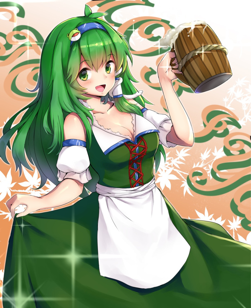 1girl :d alcohol alternate_costume antenna_hair apron bangs bare_shoulders beer blue_hairband blush breasts cleavage commentary_request cowboy_shot cross-laced_clothes cup detached_sleeves dress eyebrows_visible_through_hair frog_hair_ornament gradient gradient_background green_dress green_eyes green_hair hair_between_eyes hair_ornament hair_tubes hairband hand_up highres holding holding_cup kochiya_sanae kushidama_minaka large_breasts long_hair looking_at_viewer mug open_mouth orange_background puffy_short_sleeves puffy_sleeves short_sleeves skirt_hold smile snake_hair_ornament solo touhou waist_apron white_apron white_background
