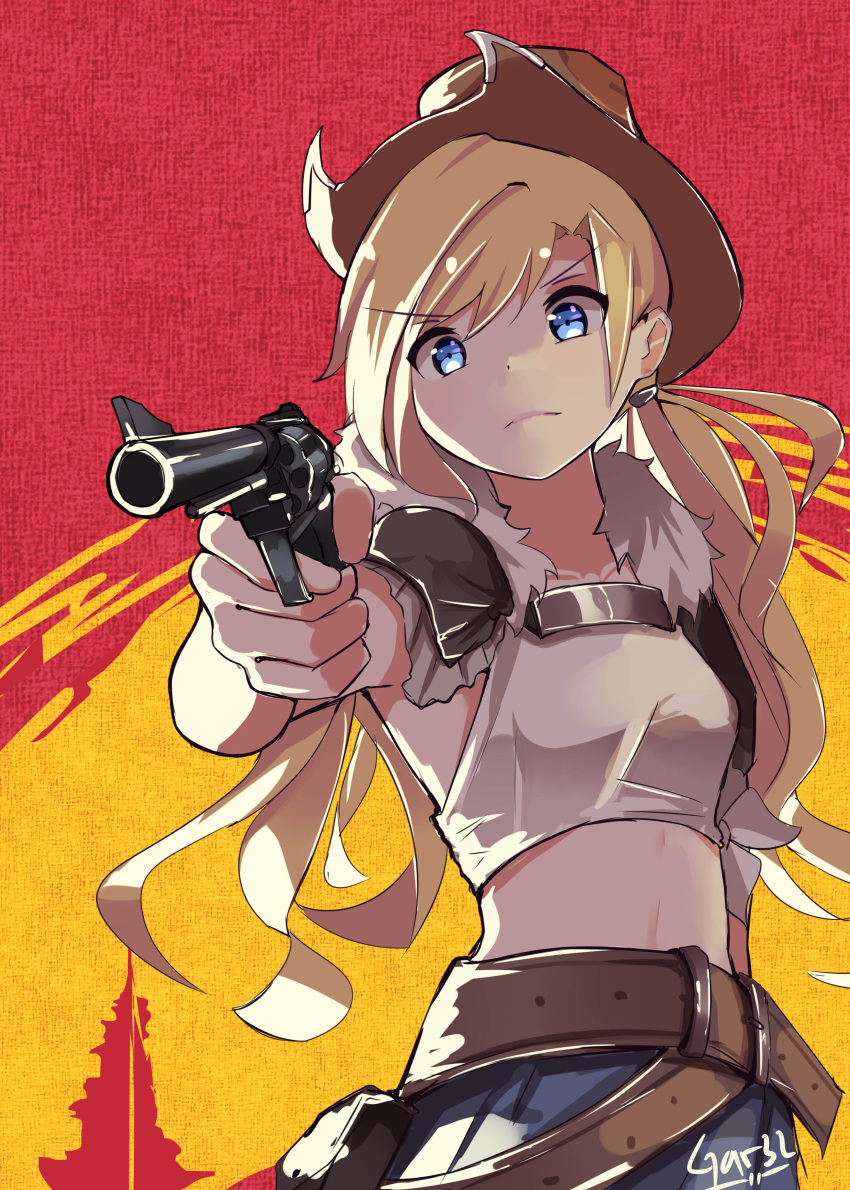 1girl absurdres bangs belt blonde_hair blue_eyes colt_m1873_(girls_frontline) commentary cowboy_hat denim denim_skirt eyebrows_visible_through_hair girls_frontline gun handgun hat highres holding holding_gun holding_weapon long_hair midriff parody pointing pointing_at_viewer red_dead_redemption revolver skirt solo tegar32 weapon