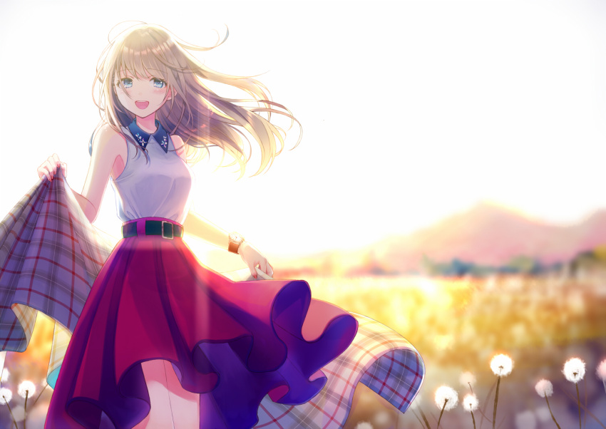 1girl :d bangs bare_shoulders belt_buckle black_belt blonde_hair blue_eyes blurry blurry_background blush breasts buckle commentary_request day depth_of_field eyebrows_visible_through_hair flower hair_between_eyes holding kashiwabara_en light_brown_hair long_hair looking_at_viewer mountain open_mouth original outdoors plaid pleated_skirt red_skirt shirt skirt sleeveless sleeveless_shirt small_breasts smile solo standing sunlight upper_teeth white_flower white_shirt