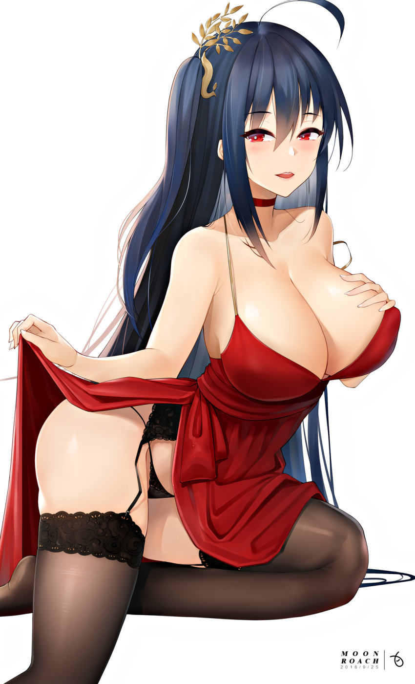 1girl ahoge alternate_hairstyle armpit_crease ass azur_lane bangs bare_shoulders black_garter_belt black_hair black_legwear black_panties blush breasts choker cleavage cocktail_dress collarbone commentary_request dated dress dress_lift eyebrows_visible_through_hair garter_straps hair_between_eyes hair_ornament halterneck hand_on_own_chest highres huge_breasts knee_up lace lace_panties large_breasts leaning_forward long_hair looking_at_viewer nail_polish one_side_up open_mouth panties red_choker red_dress red_eyes revision sidelocks signature simple_background skindentation smile solo strap_slip taihou_(azur_lane) thighs underwear very_long_hair white_background white_nails yueguang_zhanglang