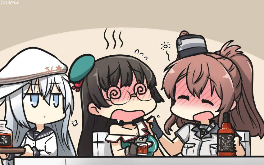 3girls @_@ ^_^ ^o^ alcohol aqua_hat beret black_gloves black_hair black_sailor_collar blue_eyes blush breast_pocket brown_hair chibi choukai_(kantai_collection) closed_eyes closed_eyes collarbone dated dress drunk fingerless_gloves flying_sweatdrops gloves hair_between_eyes hammer_and_sickle hamu_koutarou hat hibiki_(kantai_collection) highres kantai_collection long_hair long_sleeves multiple_girls open_mouth pocket remodel_(kantai_collection) sailor_collar sailor_shirt saratoga_(kantai_collection) shirt short_sleeves side_ponytail silver_hair single_glove sleeveless smile verniy_(kantai_collection) white_dress white_hat white_shirt