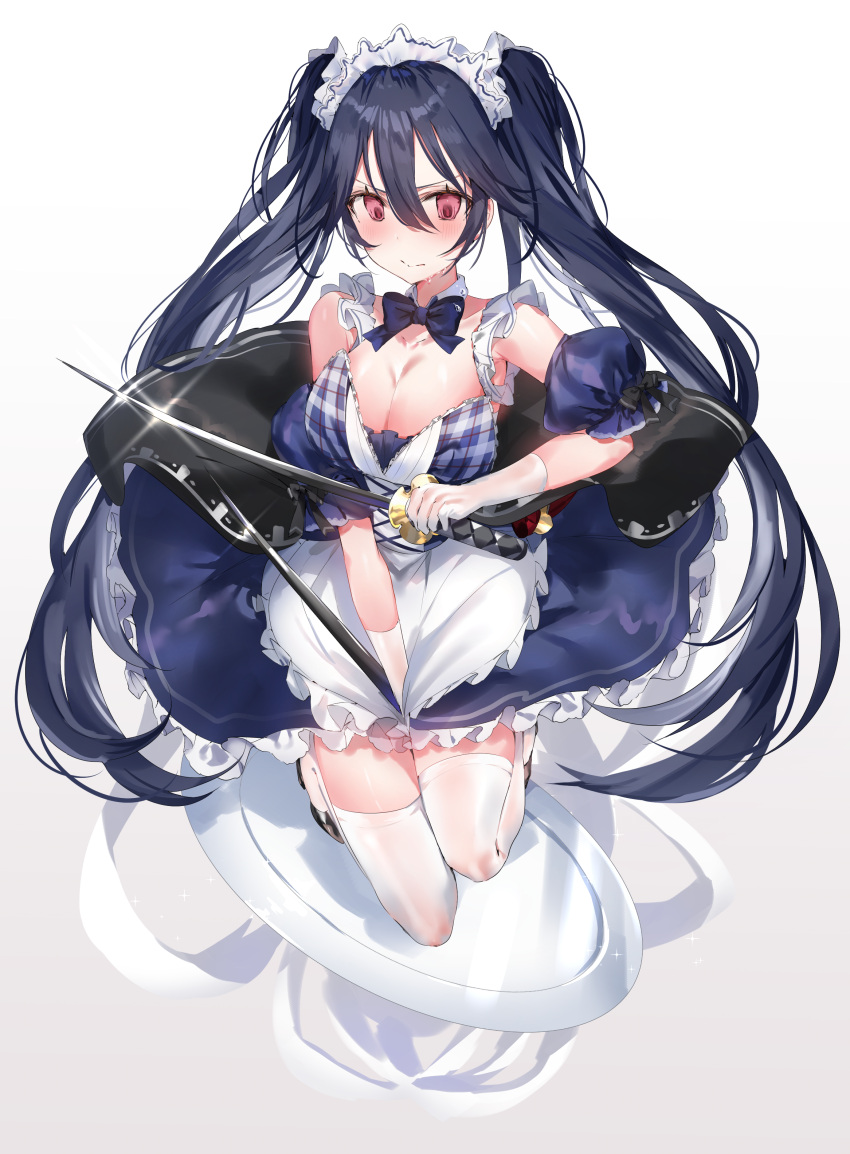 1girl absurdres apron bangs bare_shoulders black_bow black_hair blush bow bowtie breasts cleavage commentary_request cross-laced_clothes detached_collar detached_sleeves dress fantasy_project frilled_apron frilled_skirt frilled_sleeves frills full_body gloves gradient gradient_background hair_between_eyes highres holding holding_sword holding_weapon large_breasts looking_at_viewer maid_apron maid_headdress plate puffy_short_sleeves puffy_sleeves purple_dress red_eyes ribbon-trimmed_sleeves ribbon_trim shimo_(fantasy_project) short_sleeves skirt skirt_tug solo sword thigh-highs twintails v-shaped_eyebrows weapon white_gloves white_legwear wing_collar yuuko_(030_yuko)