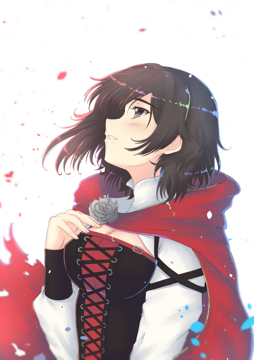 1girl black_eyes black_hair breasts cape cat_with_a_brush cleavage cleavage_cutout corset floating_hair grey_rose highres long_sleeves looking_up medium_breasts parted_lips petals red_cape ruby_rose rwby shiny shiny_hair short_hair simple_background solo upper_body white_background