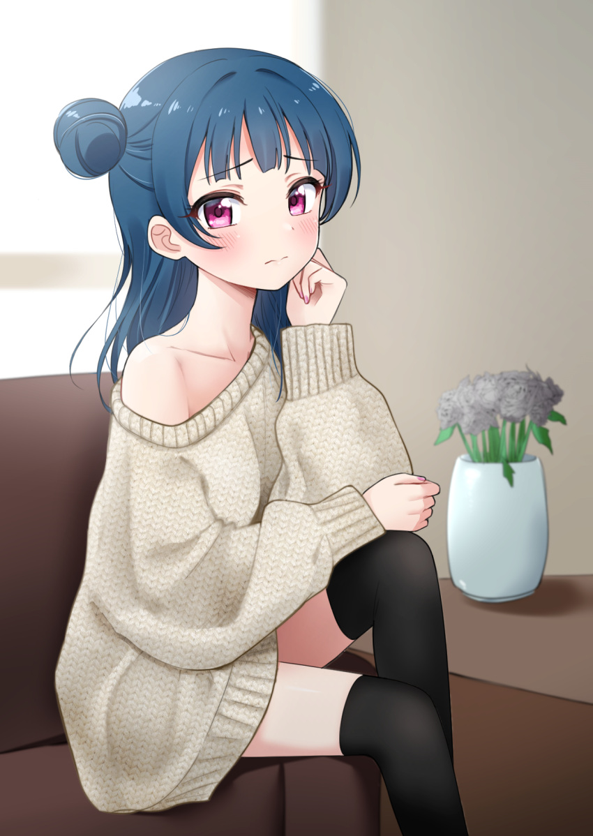 1girl bangs black_legwear blue_hair blush bouquet chin_rest clenched_hand clenched_hands collarbone deadnooodles flower frown grey_sweater highres indoors knee_up long_hair long_sleeves looking_at_viewer love_live! love_live!_sunshine!! nail_polish off-shoulder_sweater over-kneehighs pink_nails side_bun single_bare_shoulder sitting solo sweater thigh-highs tsushima_yoshiko vase violet_eyes