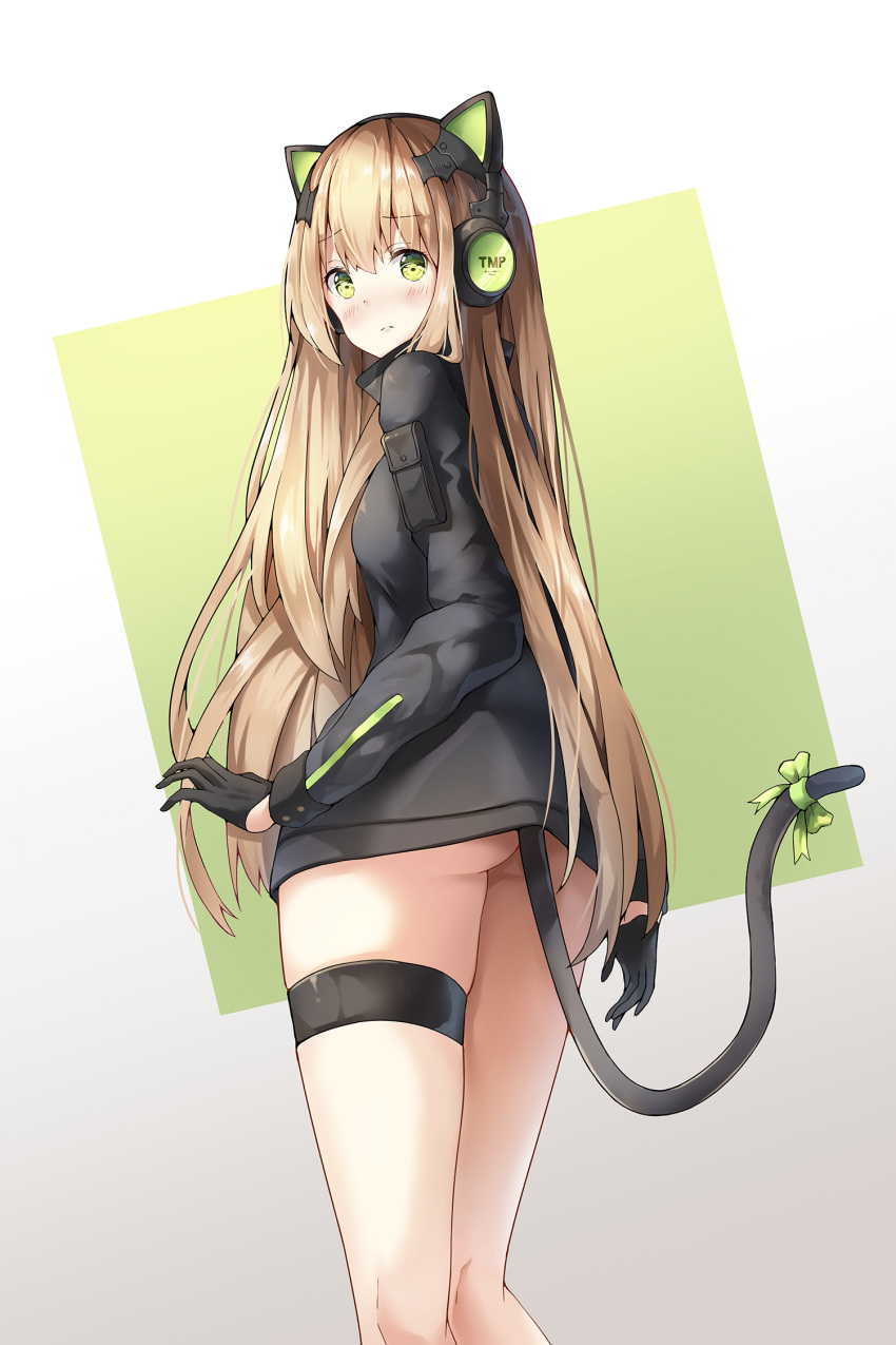 1girl animal_ears ass bangs black_gloves black_jacket blush bow breasts cat_ear_headphones cat_ears cat_girl cat_tail character_name closed_mouth commentary eyebrows_visible_through_hair girls_frontline gloves green_background green_bow green_eyes hair_between_eyes half_gloves headphones highres jacket light_brown_hair long_sleeves looking_at_viewer looking_back skindentation small_breasts sobmarine solo tail tail_bow tail_raised thigh_strap tmp_(girls_frontline) two-tone_background white_background