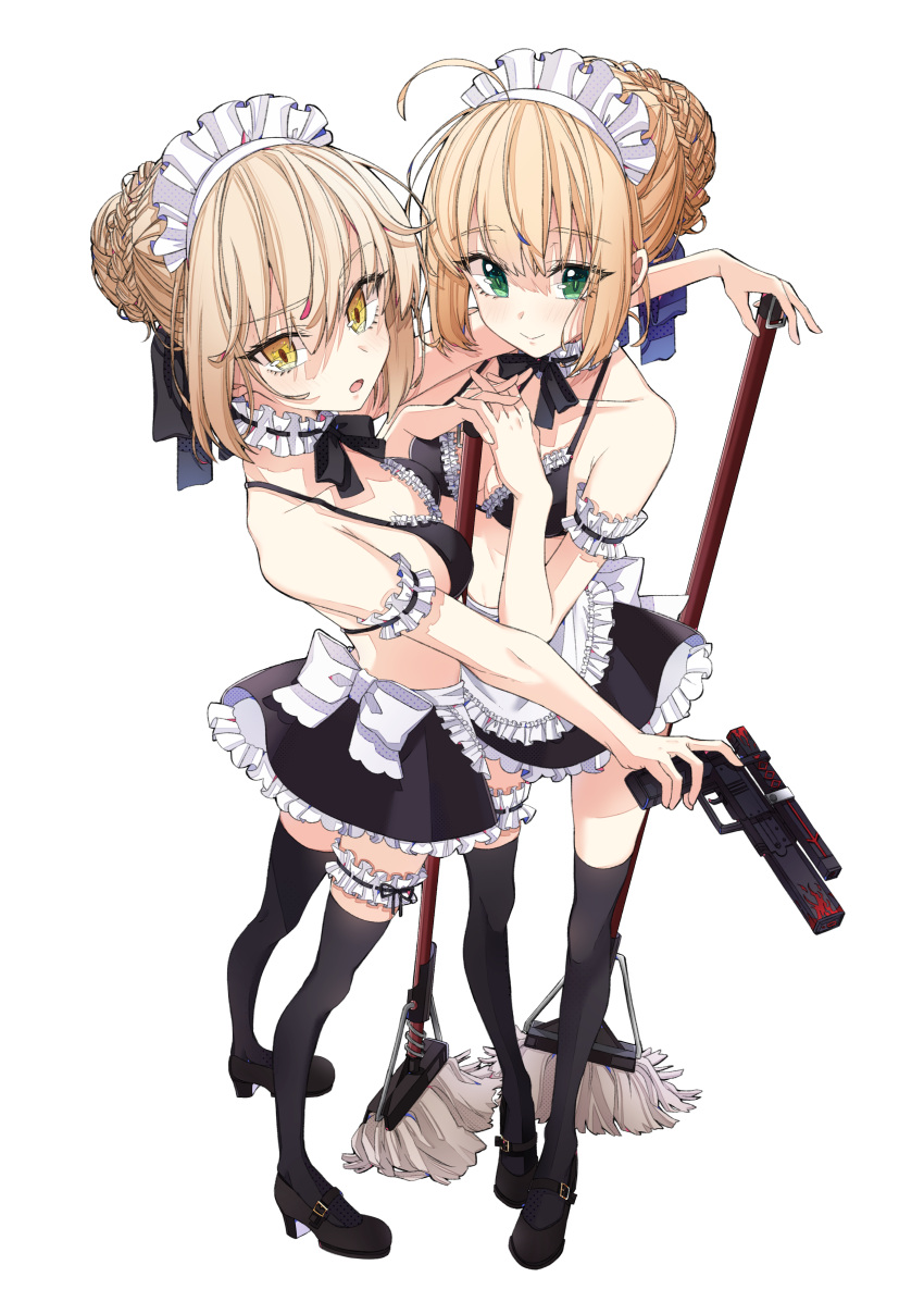2girls absurdres ahoge apron artoria_pendragon_(all) artoria_pendragon_(swimsuit_rider_alter) black_legwear blonde_hair bow breasts fate/stay_night fate_(series) from_above green_eyes gun hair_bow highres holding holding_gun holding_mop holding_weapon interlocked_fingers looking_at_viewer maid_headdress multiple_girls osanai saber simple_background small_breasts smile thigh-highs thigh_strap weapon white_background yellow_eyes