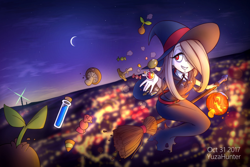1girl artist_name blurry blurry_background broom candy candy_corn cityscape clouds commentary cork crescent_moon dated dusk english_commentary flask flying food hair_over_one_eye halloween hat highres jack-o'-lantern little_witch_academia luna_nova_school_uniform moon mushroom night night_sky open_hand pink_hair potion red_eyes sky smile solo star_(sky) sucy_manbavaran wide_sleeves witch witch_hat yuzahunter