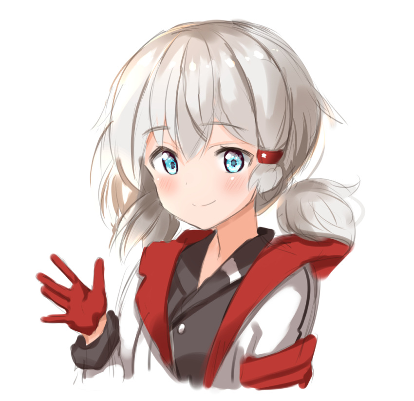 1girl ame. azur_lane bangs black_shirt blue_eyes blush closed_mouth commentary_request denver_(azur_lane) eyebrows_visible_through_hair gloves grey_hair hair_between_eyes hand_up jacket long_hair long_sleeves low_twintails red_gloves shirt sidelocks simple_background sketch smile solo twintails white_background white_jacket