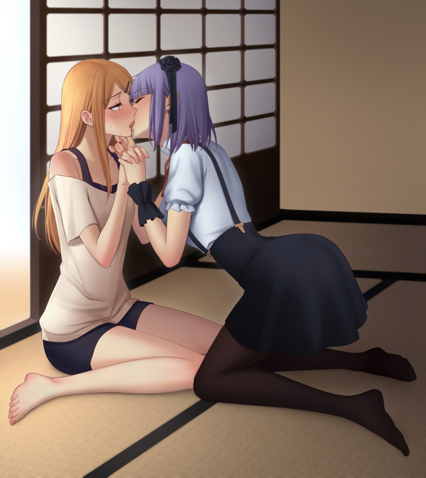 2girls barefoot black_skirt blush brown_hair dagashi_kashi ear_piercing endou_saya eye_contact french_kiss hair_ornament hairclip hand_holding hand_on_another's_chin highres kiss leaning_forward long_hair long_skirt looking_at_another multiple_girls mylovelydevil nail_polish open_mouth pantyhose piercing purple_hair saliva shidare_hotaru short_hair sitting skirt suspender_skirt suspenders tongue wariza yuri