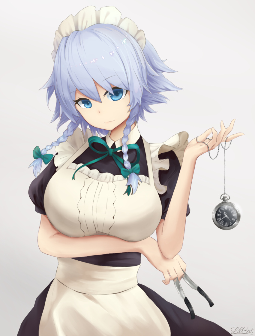 1girl apron arm_under_breasts bangs blue_eyes blue_hair braid breasts eyebrows_visible_through_hair highres izayoi_sakuya knife large_breasts lilcat looking_at_viewer maid maid_apron maid_headdress pocket_watch puffy_sleeves short_hair smile solo touhou twin_braids watch