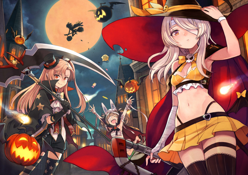 4girls ^_^ alternate_costume animal_ears arm_at_side arm_up armpits arms_up ascot ayanami_(azur_lane) azur_lane bandage bandage_over_one_eye bandaged_head bandages bangs bat_wings black_cape black_gloves black_hat black_legwear black_shorts blonde_hair blunt_bangs blush blush_stickers bow bowtie breasts broom broom_riding brown_hair building candy cape cleavage cleveland_(azur_lane) closed_eyes closed_eyes closed_mouth clouds cloudy_sky commentary_request crop_top elbow_gloves eyebrows_visible_through_hair fang fang_out food full_moon geta ghost gloves glowing halloween halloween_costume hand_on_headwear hat heart_ring hitodama holding jack-o'-lantern kagerou_(azur_lane) long_hair looking_at_viewer low_wings miniskirt mismatched_legwear moon multiple_girls navel night night_sky one_eye_covered one_side_up parted_bangs parted_lips platform_footwear pleated_skirt red_eyes revealing_clothes running sarashi scythe shorts shouhou_(azur_lane) silhouette skindentation skirt skull sky small_breasts smile star star_print stomach striped striped_legwear thigh-highs thigh_strap thong thorns top_hat torn_cape twintails vertical-striped_legwear vertical_stripes village white_neckwear wings witch_hat wristband yellow_bow yellow_neckwear yellow_skirt yuuko_(elmo)