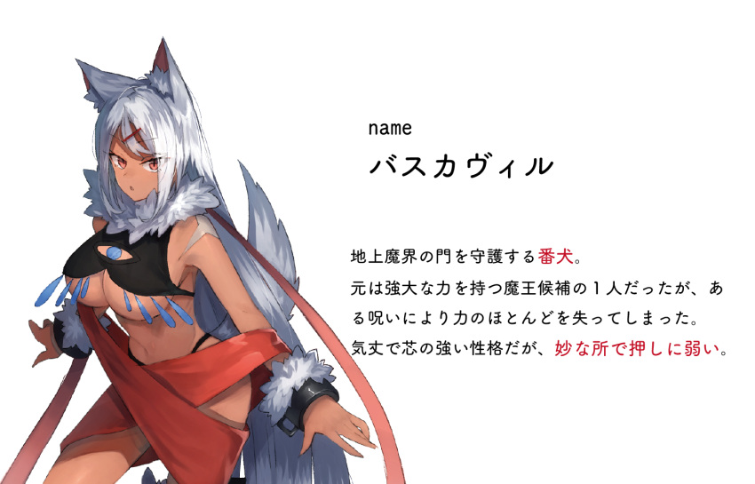1girl animal_ear_fluff animal_ears bangs black_panties breasts character_name character_sheet commentary_request cowboy_shot crop_top cuffs eyebrows_visible_through_hair eyes_visible_through_hair full_body fur_trim hair_ornament hairclip kasuka_(kusuki) large_breasts long_hair looking_at_viewer midriff navel original panties parted_lips red_eyes shackles shoulder_tattoo silver_hair simple_background solo standing stomach tail tattoo thighs translation_request under_boob underwear very_long_hair white_background wolf_ears wolf_tail wrist_cuffs