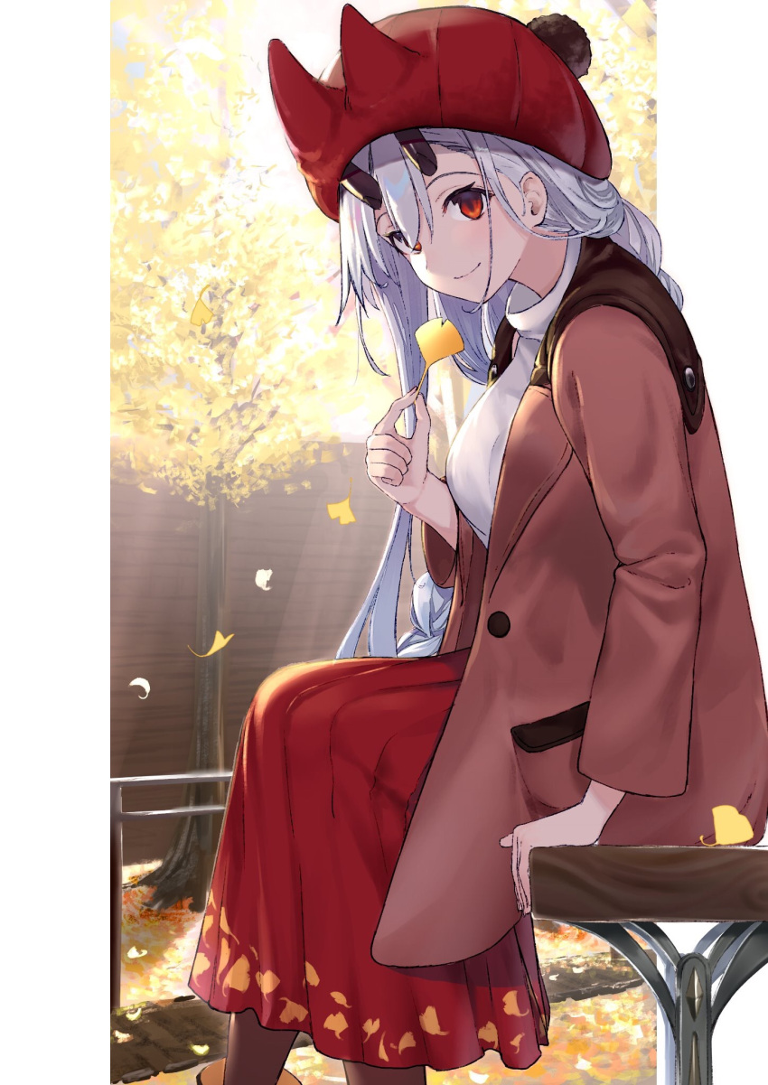 1girl autumn autumn_leaves bangs beanie bench breasts brown_jacket commentary_request day fate/grand_order fate_(series) feet_out_of_frame ginkgo ginkgo_leaf hair_between_eyes hat highres holding holding_leaf horned_headwear horns jacket leaf leaf_print long_hair long_sleeves looking_at_viewer medium_breasts oni oni_horns outdoors pantyhose pom_pom_(clothes) red_eyes red_skirt silver_hair sitting skirt smile solo takubon_(xewh4773) tomoe_gozen_(fate/grand_order) tree