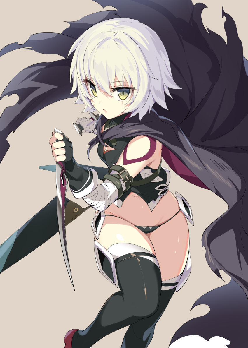 1girl arm_belt bandage bandaged_arm bandages black_gloves black_legwear black_panties cape cleavage_cutout crop_top dual_wielding facial_scar fate/apocrypha fate/grand_order fate_(series) fingerless_gloves flat_chest gloves green_eyes grey_background highres holding ikomochi jack_the_ripper_(fate/apocrypha) knife lowleg lowleg_panties panties scar scar_across_eye scar_on_cheek shoulder_tattoo silver_hair simple_background single_glove solo tattoo thigh-highs underwear